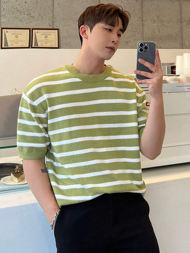 Men Striped Pattern Drop Shoulder Knit Top Easter
