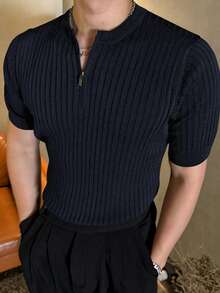 DAZY 1pc Men's Solid Color Half Zip Knitted Sweater, Summer - Navy Blue - View 1