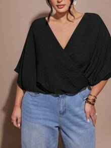 SHEIN BAE 大尺碼女款杏色重疊不對稱中長袖休閒寬鬆襯衫 - 黑色 - 查看 7