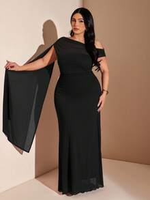 SHEIN BAE Damen Große Größen Frühlings-/Sommer-Abschlussballkleid, langes fließendes elegantes Kleid, lila Kleid, asymmetrisches asymmetrisches Schulter asymmetrisches Mesh-Kleid - Schwarz - Übersicht 3
