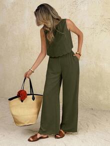 SHEIN Frenchy Women's Solid Color Back Knot Sleeveless Shirt And Pants 2pcs Set For Vacation - Army Green - View 2