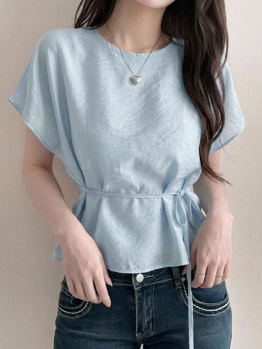 DAZY 女款純色圓領蝙蝠袖短袖休閒優雅寬鬆襯衫 夏季教師節辦公淺藍色 - 藍色 - 查看 1