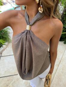 Aloruh Women's Casual Sexy Tropical Solid Color Backless Halter Top Summer Fall Autumn Shoulder Top Grey Neck With Metal Decorative Buckle Holiday Beach - Khaki - View 2