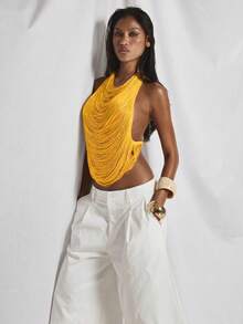 MUSERA High Cowl Neck Draped Fringe Open Back Fitted Top Cute Holiday Sexy Night Out Vacation Spring Summer Elegant Soleil Drape Y2K - Yellow - View 5