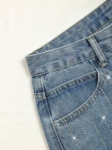 SHEIN Y2K Fashion Rhinestone Striped Washed Versatile Denim Shorts - Light Wash - View 5