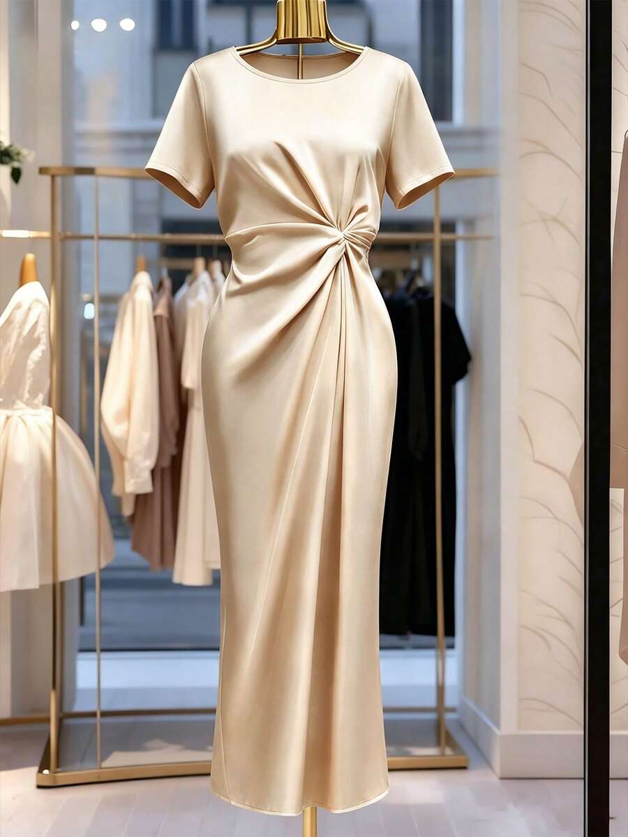 GlowEve CURVE 女款圓領短袖通勤洋裝,春夏洋裝,優雅派對洋裝 - 杏色 - 查看 1