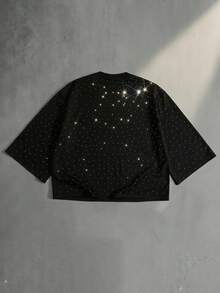 ROMWE MEN Street Life Áo thun nam dáng rộng tay lỡ 3/4 đính đá kim cương lấp lánh - màu đen - Xem 2