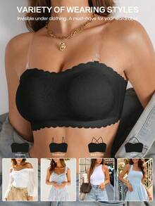 DesireSculpt Women's Lace Strapless Bra,Black Summer Tight Sport Floral Print Non-Wired Seamless Push-Up Anti-Sagging Bandeau Bra With Adjustable Straps,1pc - Black - View 6