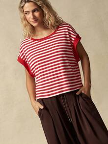VARSITIE Women's Summer Casual Athleisure Red And White Stripe Back Cut-Out Batwing Sleeve Sports T-Shirt Gym - Multicolor - View 5