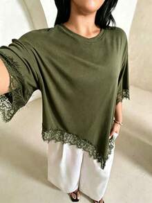 Rustia Plus Size Summer Casual Lace Patchwork Asymmetric Hem T-Shirt - Army Green - View 4