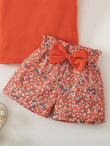 SHEIN Elladie kids 女童2件套：桃紅色針織圓領短袖套頭上衣搭配桃紅色花卉3D蝴蝶結短裙，適合日常出遊與玩耍，適用4-7歲女童，春/夏 - 橘色 - 查看 7