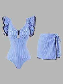Swim Oasis Women's Summer Beach Vacation Sexy Blue & White Striped Print Ruffle Pleated V-Neck Backless One-Piece Swimsuit  With Tie-Up Skirt Two-Piece Set - Blue and White - View 3