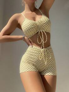 SHEIN Swim 女款夏季海灘波點印花前綁帶比基尼兩件套（隨機印花） - 黃色 - 查看 5