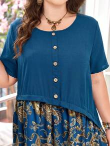 Lacomfia Casual Solid Color Patchwork Paisley Print Round Neck Short Sleeve Loose Regular Fit Plus Size Dress For Spring And Summer - Multicolor - View 3