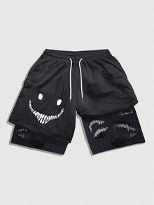 ROMWE MEN Anime Men's Snake Head Print Drawstring Waist Double-Layer Shorts - Multicolor - View 1