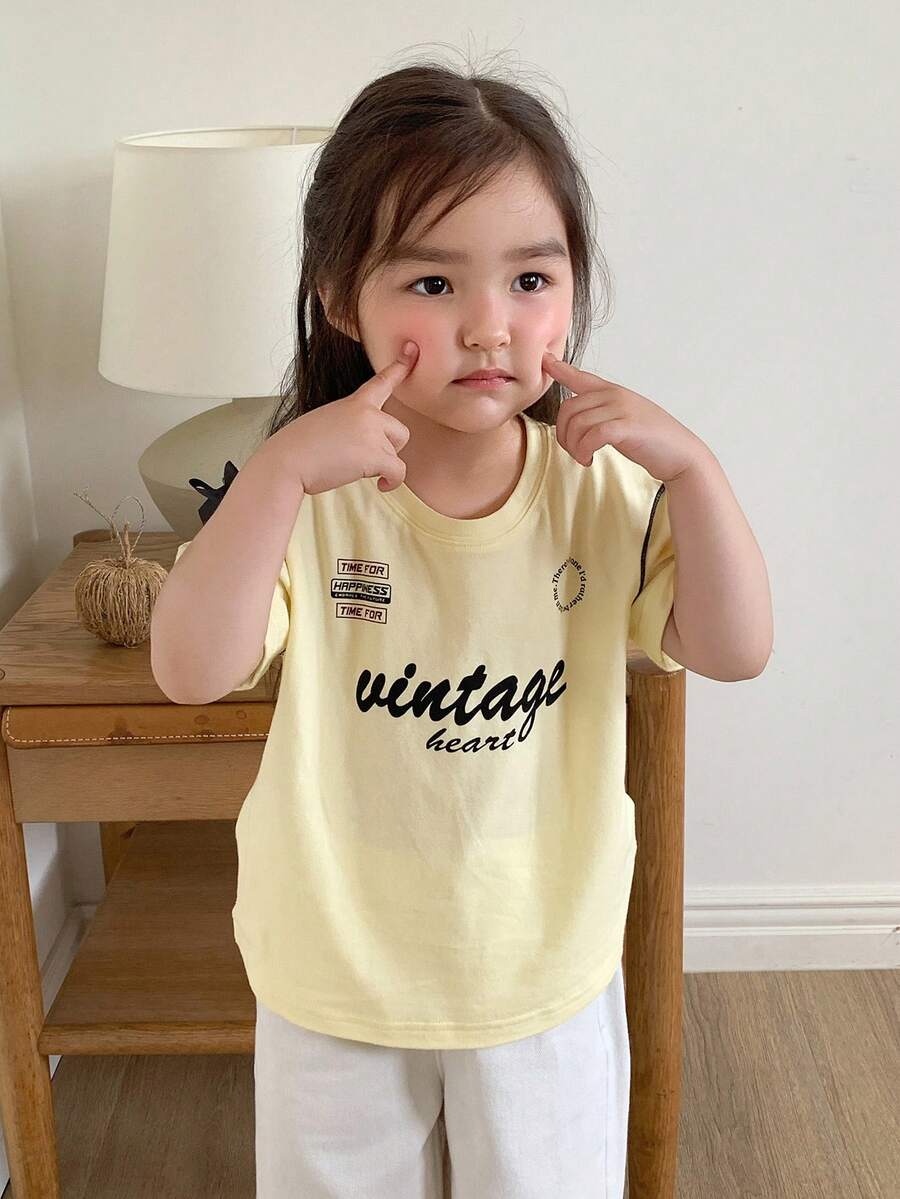 DAZY Infant/Toddler (Girl) Round Neck Korean Style English Print Short Sleeve Top - Blue - View 1