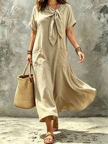 Lacomfia Plus Size Women's Vacation Dress, Loose Fit, Comfortable Short Sleeve, Front Pockets, Flared Hem Vacation Khaki Summer Elegant - Khaki - View 9
