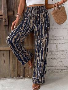 SHEIN Frenchy Women's Navy Blue Waist Tie Loose Casual Boho Long Pants For Vacation Beach Autumn - Navy Blue - View 5