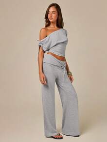 Athîral Women's 2 Pieces Set Off-Shoulder Short Sleeve T-Shirt And Elastic Long Pants, Summer Knit Set, Casual Sexy, Light Grey, All-Season Vacation - Grey - View 4