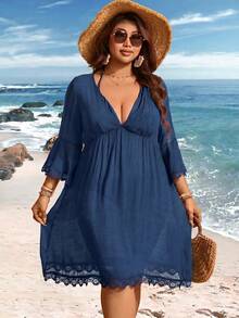 Swim Lushoire 2026 Model Baru V-Neck Lace Patchwork Lengan Lonceng Ukuran Plus Penutup Pantai Biru Tua Musim Panas Boho - Teal Blue - View 6