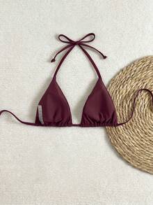 Oceva Áo bikini nữ mùa hè đi biển nghỉ dưỡng dự tiệc màu trơn đính đá trang trí cổ yếm buộc sau lưng gợi cảm - Màu Đỏ Sâu - Xem 2