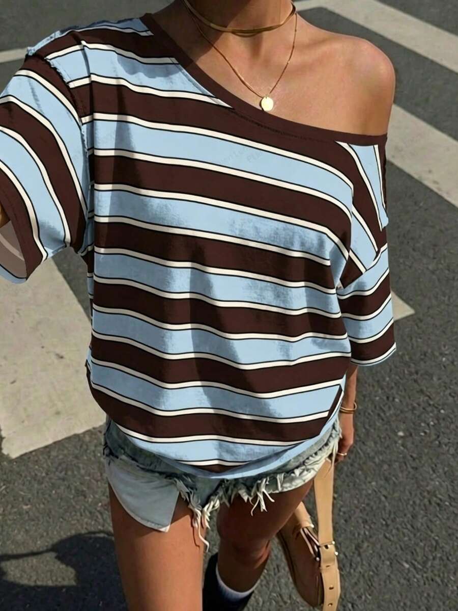 Muchica Casual Minimalist All-Over Print Off-Shoulder Dropped Shoulder Short Sleeve Loose Women's T-Shirt Suitable For Summer - Multicolor - View 1
