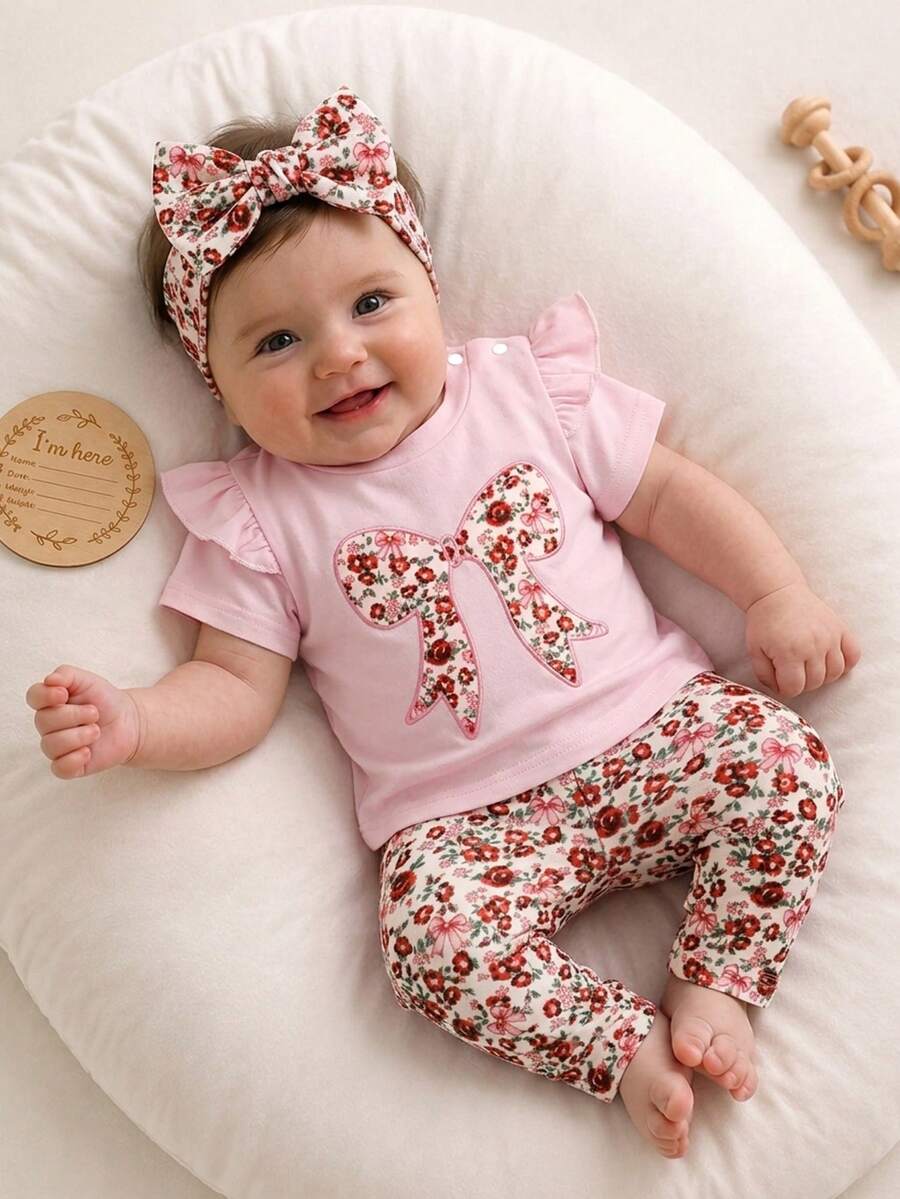 SHEIN 0-9M طقم ملابس بنات رضيعات كاجوال متعدد الوظائف مريح لطيف وحلو برقبة دائرية وأكمام قصيرة تي شيرت + بنطلون طويل، طقم أطفال بنقشة، طقم صيفي للبنات الرضع، ملابس مريحة للبنات الرضع مناسبة للصيف - وردي - مشاهدة 1