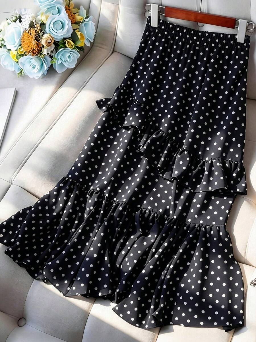 SHEIN Tall CURVE 大尺碼女款圓點圖案多層荷葉邊時尚裙 - 黑與白 - 查看 1