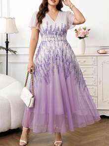 Reflora 大码女士优雅印花连衣裙，夏季婚礼宾客礼服 - 彩色 - 查看 4