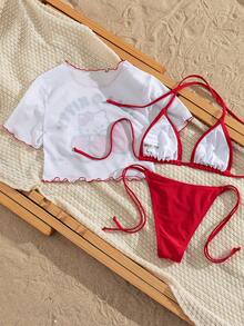 Swim Mod HELLO KITTY AND FRIENDS | SHEIN 女士纯色挂脖系带性感比基尼泳装套装，搭配卡通印花短款罩衫，沙滩漫步 - 紅色 - 查看 8