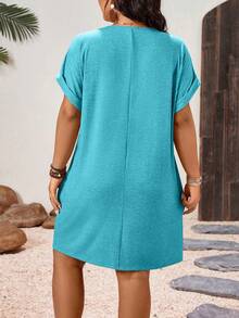 SHEIN LUNE CURVE 大尺碼V領素色捲袖中長款休閒春季陽光洋裝 - 藍色 - 查看 2