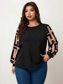 Enliva Plus Size Colorblock Lantern Sleeve Casual Loose Top, Autumn/Winter Holiday Outfit - Black - View 8
