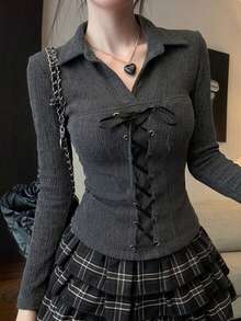 DAZY 秋季灰色繫帶拼接 Polo 衫 婚禮派對修身優雅長袖女款 T-Shirt - 深灰色 - 查看 1