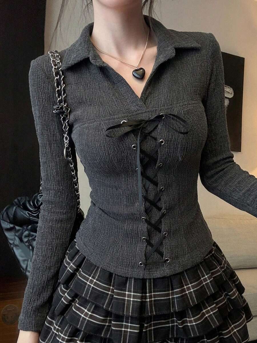 DAZY 秋季灰色繫帶拼接 Polo 衫 婚禮派對修身優雅長袖女款 T-Shirt - 深灰色 - 查看 1