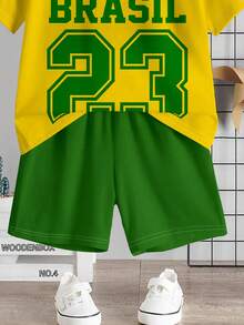 Young Boy Casual Simple T-Shirt Set, Classic Sports Style Graphic Print, Brazil Color Block Graphic Print, Brazil Flag Graphic Print, Classic Number 23 Text Graphic Print, Classic Cool Star Graphic Print, Suitable For Sports, Suitable For Spring And Summer - Multicolor - View 5