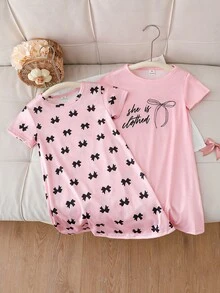 2pcs/Set Girls' Simple Fashion Pink & Grey Cute Cartoon Sheep Print Short Sleeve Long Nightgown Loungewear - Baby Pink - View 5