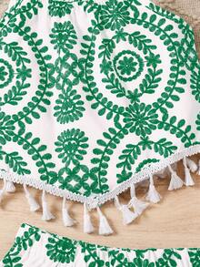 Tween Girl Tank Top And Camisole Set Featuring A Cute, Retro Green-And-White Print, An Asymmetrical Hem, And Tassel Lace Trim,Holiday Vibe. - Green - View 6