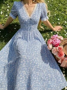 Celisse Vestido con cuello en V, mangas de pétalo, encaje con parches, cintura con lazo y estampado floral diminuto - Azul - Ver 3