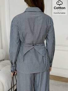 Solavon Conjunto de dos piezas estilo camisa versátil para uso diario y oficina, estilo Old Money coreano, con diseño envolvente que define la cintura - Azul Marino - Ver 7