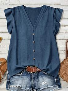 EMERY ROSE Plus Size Summer Casual Solid Color Short Flutter Sleeve Blouse - Blue - View 1