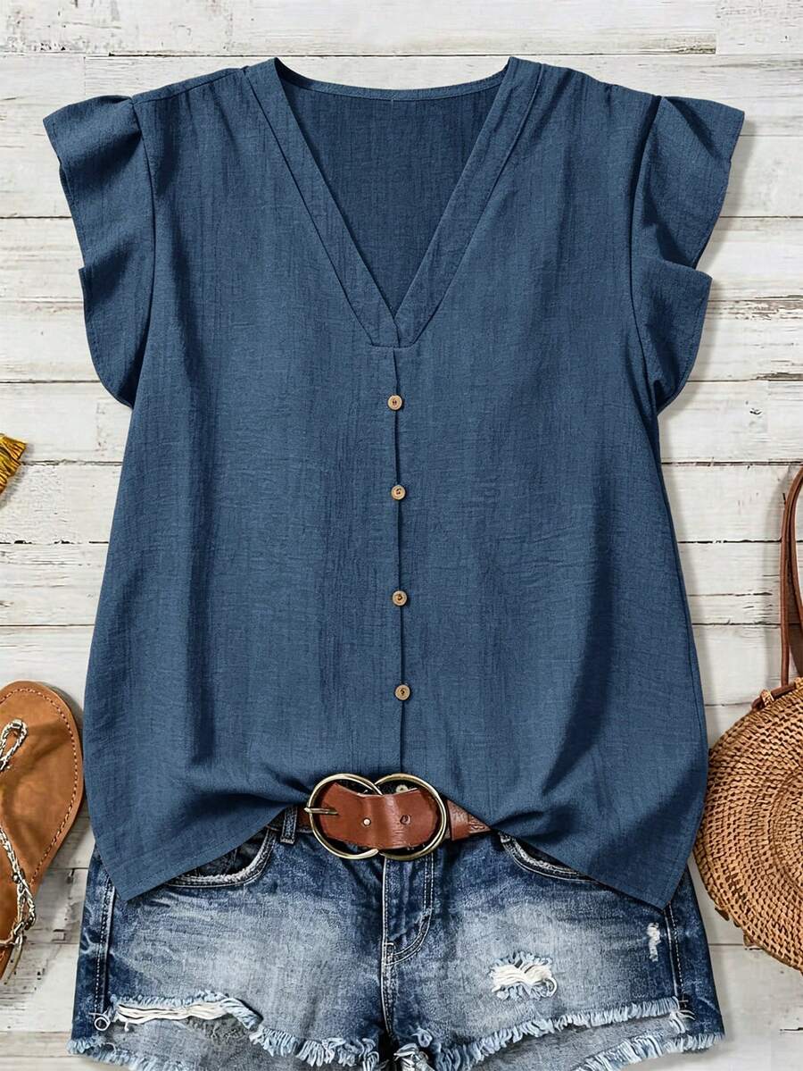 EMERY ROSE Plus Size Summer Casual Solid Color Short Flutter Sleeve Blouse - Blue - View 1