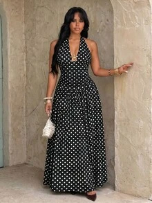 Rustia Gaun Wanita Ukuran Besar Musim Panas Model Halter Neck dengan Pita dan Dekorasi Bintang Laut, Potongan A-Line Berkerut, Elegan untuk Liburan, Kencan, dan Pesta. - MultiWarna - View 1