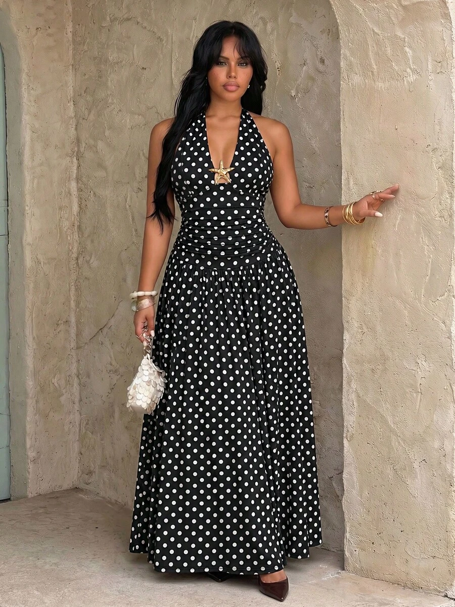 Rustia Gaun Wanita Ukuran Besar Musim Panas Model Halter Neck dengan Pita dan Dekorasi Bintang Laut, Potongan A-Line Berkerut, Elegan untuk Liburan, Kencan, dan Pesta. - MultiWarna - View 1