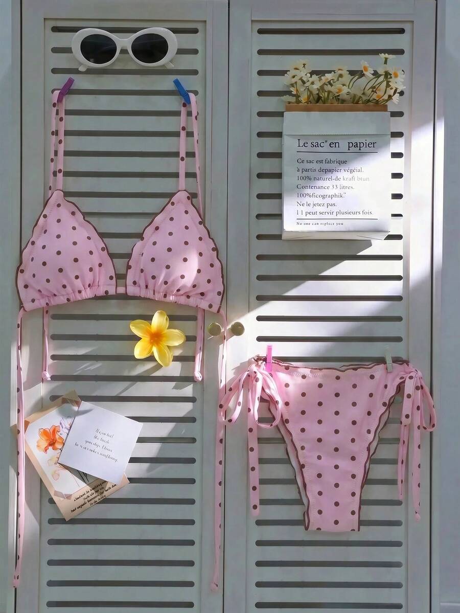 SHEIN Swim 2026新款大尺碼復古法式圓點比基尼 | 三角杯設計自然挺胸不壓胸 | 側邊蝴蝶結可調節貼身 | 兩件式顯瘦度假海灘泳衣套裝 - 彩色 - 查看 1