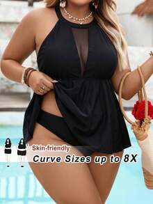 SHEIN CURVE+ 大尺碼女款兩件式泳衣，性感優雅風格，適合海灘度假，夏季女性泳裝 - 黑色 - 查看 1