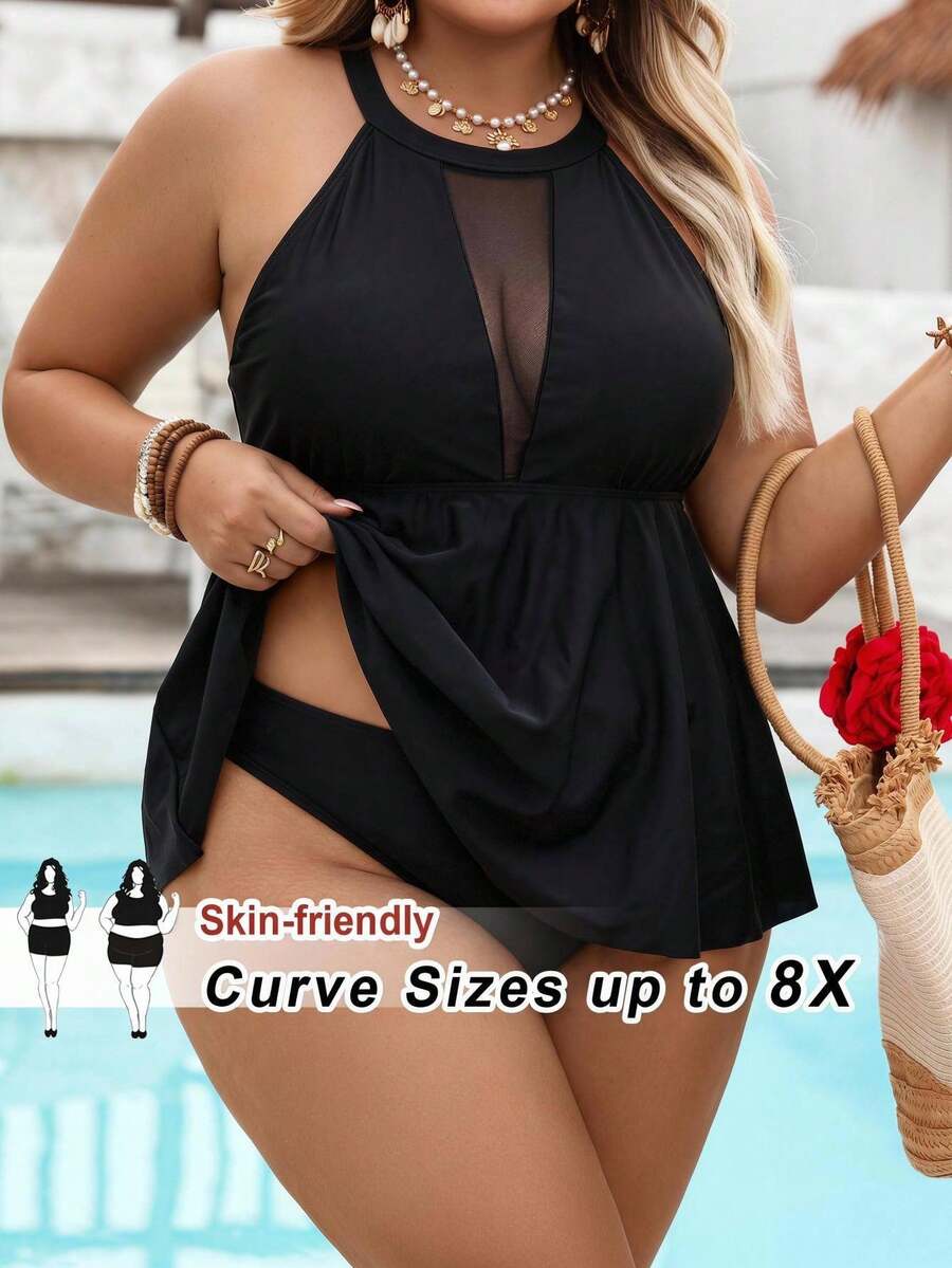 SHEIN CURVE+ 大尺碼女款兩件式泳衣,性感優雅風格,適合海灘度假,夏季女性泳裝 - 黑色 - 查看 1