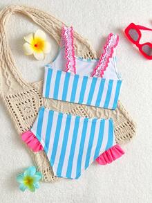 Setelan Baju Renang Anak Perempuan 2 Potong, 2 Potong, Warna Merah, Motif Garis-Garis Sederhana, Bahan Rajut Nyaman, dengan Hiasan Rumbai, Cocok untuk Pantai, Kolam Renang, Tepi Laut, Liburan, Musim Panas, Perjalanan, dan Hari Raya. - Mint Blue - View 2