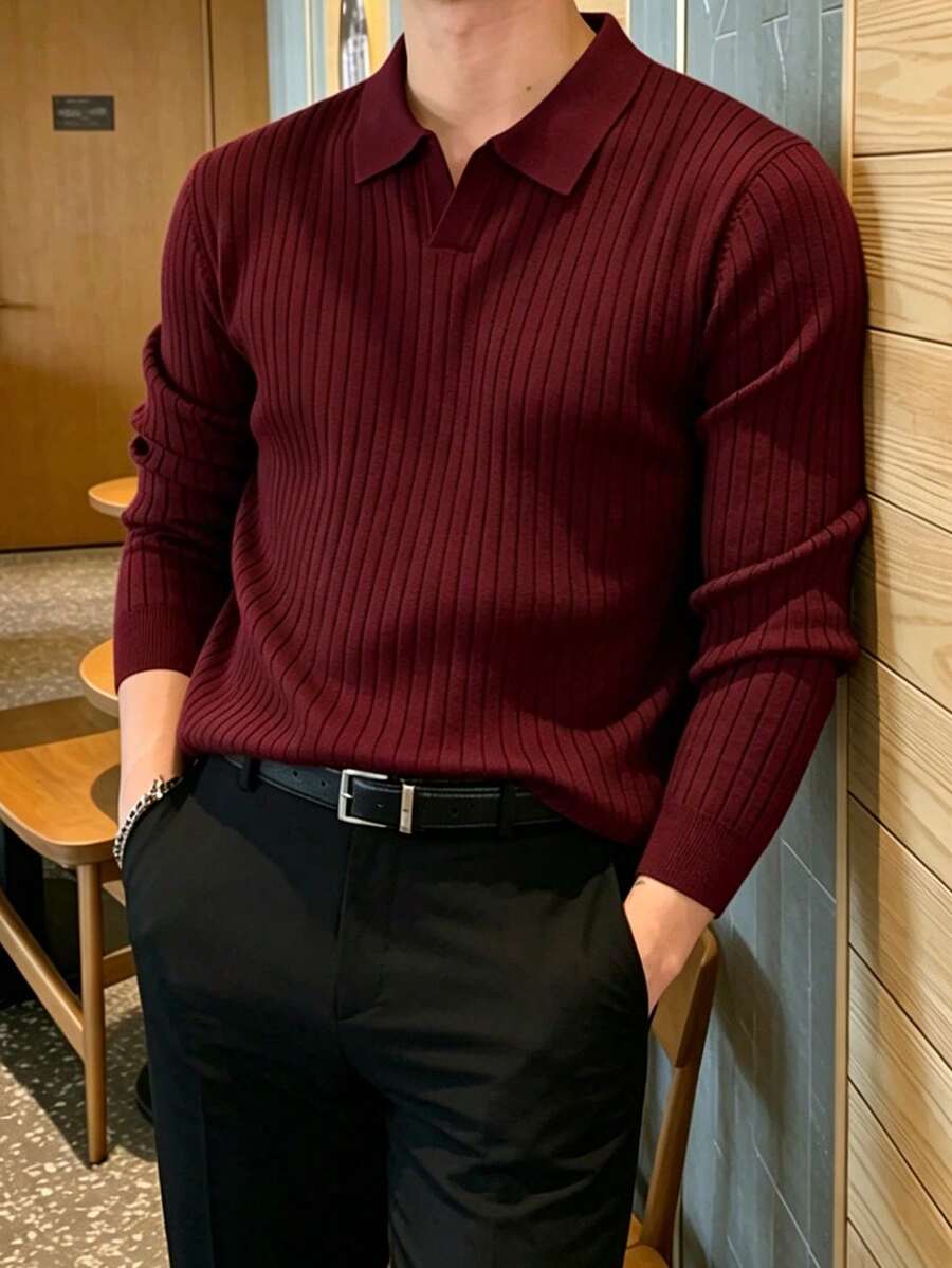 JOLTRO 男士休閒百搭純色長袖 Polo 衫，正式款 - 酒紅色 - 查看 1