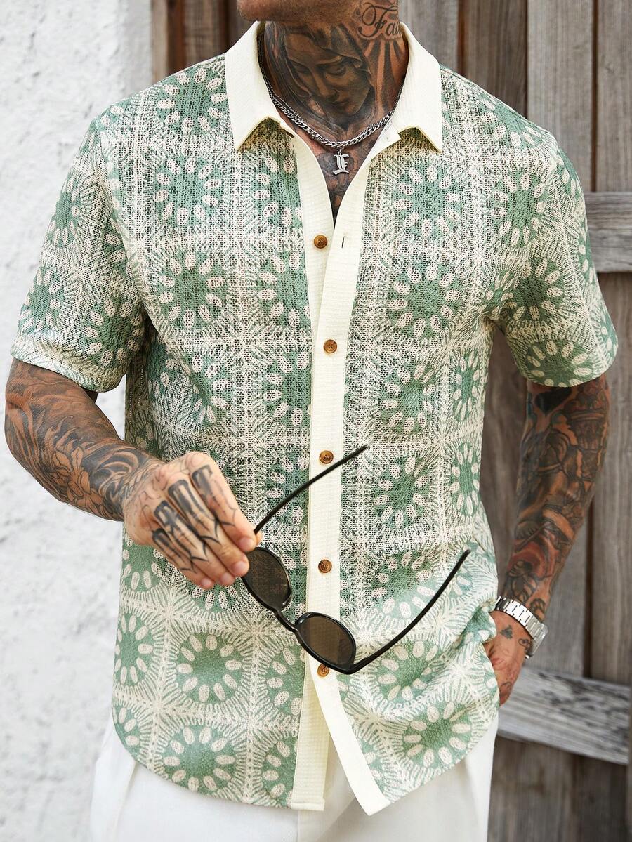 VENTUSAIL Men's Knitted Mesh Sheer Printed Contrast Color Design Casual Short Sleeve Shirt, Holiday - Green - View 1