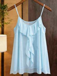 GlowEve CURVE Plus Size Women's Best-Selling Elegant Chiffon Double Layer Ruffle Asymmetrical Camisole Tank Top, Suitable For Daily Commute, Slimming, Versatile, Outings, Gatherings, Photos, Vacation And Travel - Blue - View 3
